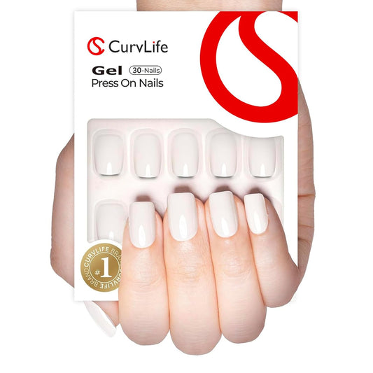 Curvlife Soft Gel Press on Nails with Fake Nail Tips and Ceramic Style Glossy Design Full Cover 15 Sizes Gel Nails, Women Reusable Nail Kit with Nail Glue Adhesive Tabs Nail File