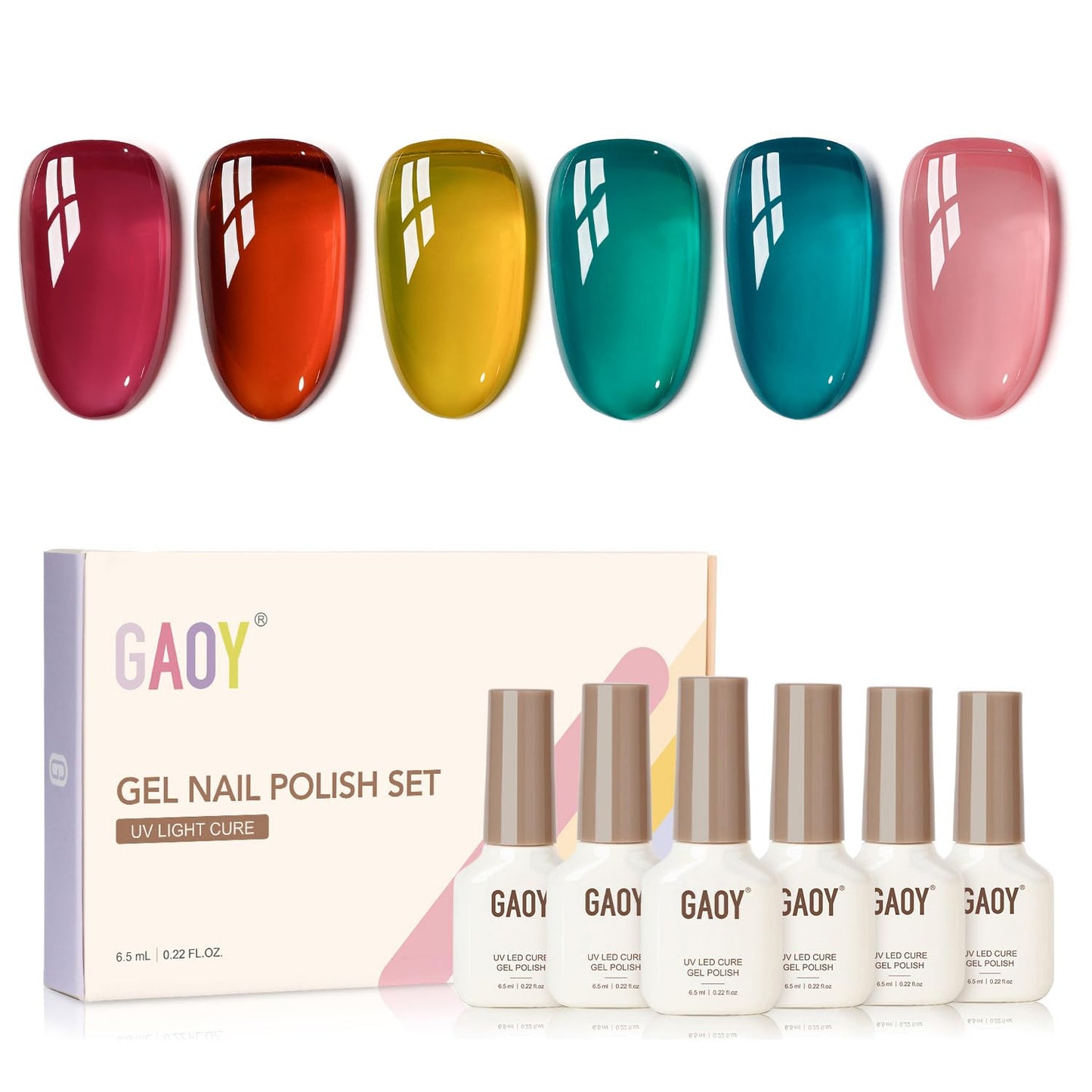 GAOY Jelly Gel Nail Polish of 6 Transparent Pink Red Blue Yellow Colors Sheer Gel Polish Kit for Salon Manicure and Nail Art DIY at Home