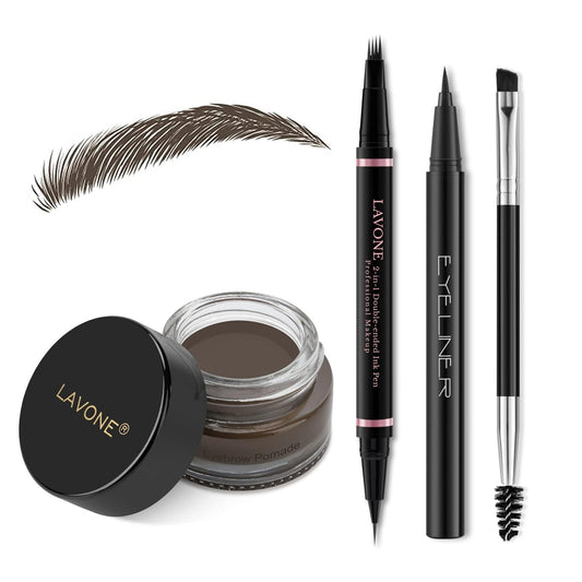 Eyebrow Pen Makeup Kit, with 4 Tip Waterproof Microblading Eyebrow Pencil, Eyeliner, Eyebrow Pomade and Dual-ended Eyebrow Brush, Brow Pencil Eyebrow Kit for Natural Looking - Medium Brown