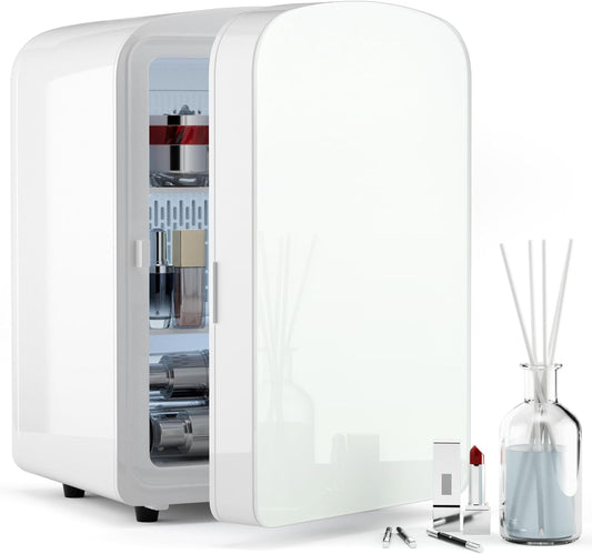 9L Mini Fridge for Bedroom - Car, College Dorm Room & Office Desk 12v Portable Cooler Warmer Skincare, Beauty Makeup, Drinks, Food AC/DC Small Refrigerator with Glass Front, 110 Volts, Black