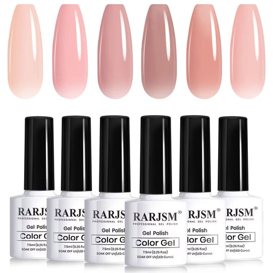 RARJSM Nude Gel Polish Set Jelly Pink Collection of 6 Transparent Natural Colors Sheer Pink Milky Mavue Purple Light Brown French Manicure LED UV Gel Nail Polish Soak Off Curing Requires Home Salon