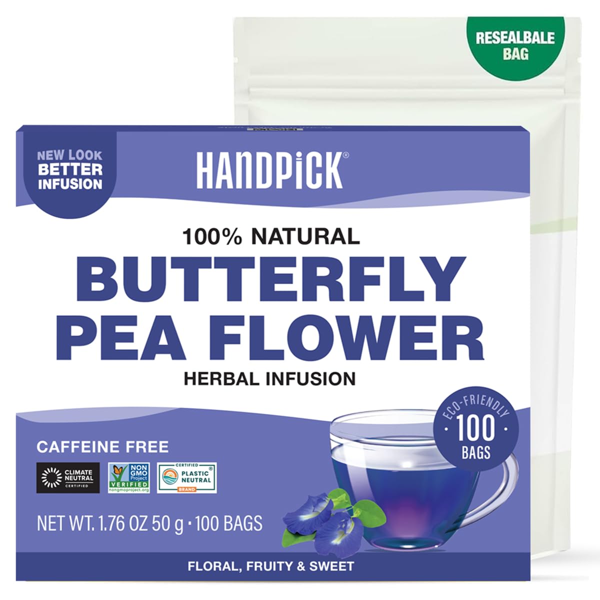 HANDPICK, Butterfly Pea Flower Tea (100 Herbal Tea Bags) | Caffeine Free, Non GMO | Premium Dried Butterfly Pea Flowers For Blue & Purple Drinks, Food Coloring | Iced Teas, Coolers, Cocktails