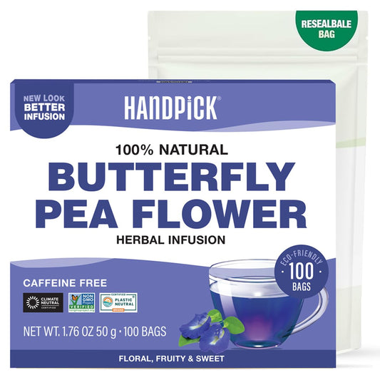 HANDPICK, Butterfly Pea Flower Tea (100 Herbal Tea Bags) | Caffeine Free, Non GMO | Premium Dried Butterfly Pea Flowers For Blue & Purple Drinks, Food Coloring | Iced Teas, Coolers, Cocktails