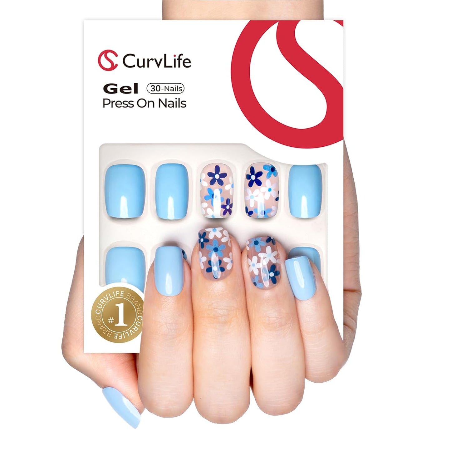 Curvlife Soft Gel Nails 30Pcs 15 Sizes Nail Tips, Full Cover Blue Flower Short Design For Press on Nails, Reusable Gel Nails Kit with Glue and Adhesive Tabs