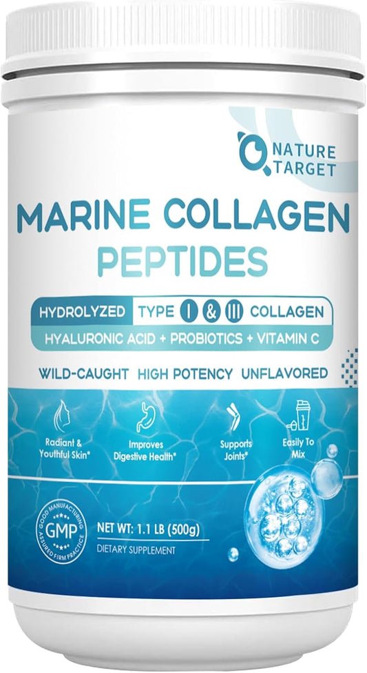 NATURE TARGET Marine Collagen Powder for Women - Multi Collagen Peptides with Hyaluronic Acid & Vitamin C for Hair, Skin, Nails & Joints - Wild-Caught Fish & Grass-Fed Bovine, 50 Servings