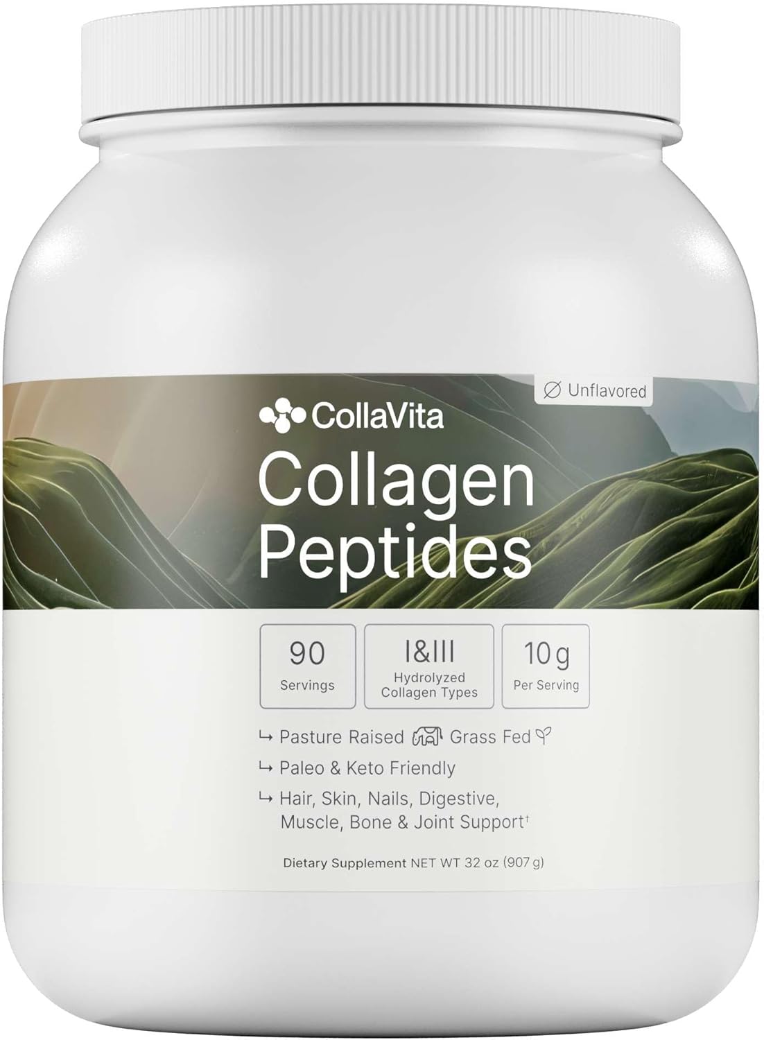 Collagen Peptides Powder Grass-Fed Pasture-Raised Hydrolyzed Collagen Powder, Type I & III Hair, Nails, Skin and Joints, Non-GMO, Paleo & Keto, Unflavored, 32 Fl oz. 90 Servings