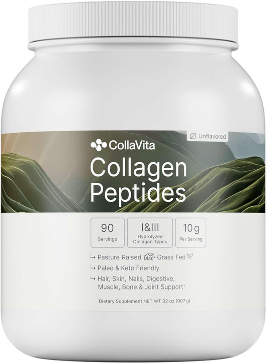 Collagen Peptides Powder Grass-Fed Pasture-Raised Hydrolyzed Collagen Powder, Type I & III Hair, Nails, Skin and Joints, Non-GMO, Paleo & Keto, Unflavored, 32 Fl oz. 90 Servings
