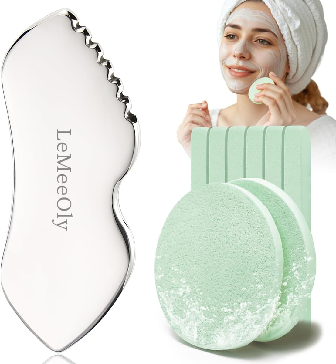 Gua Sha Facial Tools Stainless Steel & Compressed Facial Sponges, Detail Metal GuaSha and Natural Spa Sponges for Facial Cleansing Skin Care，Guasha Stone Face Sculpting Tool for Tighten Skin Daliy Use