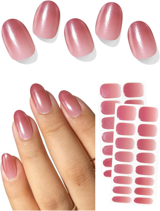 Semi Cured Gel Nail Strips (Chrome Carmine Red), Pearl Glazed, Autumn, 30 Pcs Gel Nail Wraps, Stickers, Long Lasting