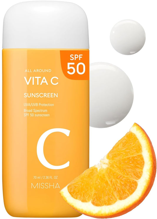 MISSHA All Around Vita C Sunscreen SPF 50/2.36 Fl Oz - Korean Sunscreen for Face with Vitamin C for Even Tone, Lightweight, Non-Sticky, Sebum Control