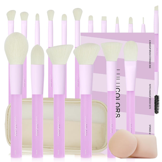 18-Piece Light Purple Professional Makeup Brush Set – Translucent Rubberized Handles, Soft Synthetic Bristles for Face & Eye Makeup–Includes Travel Bag & Sponges, Complete Brush Collection