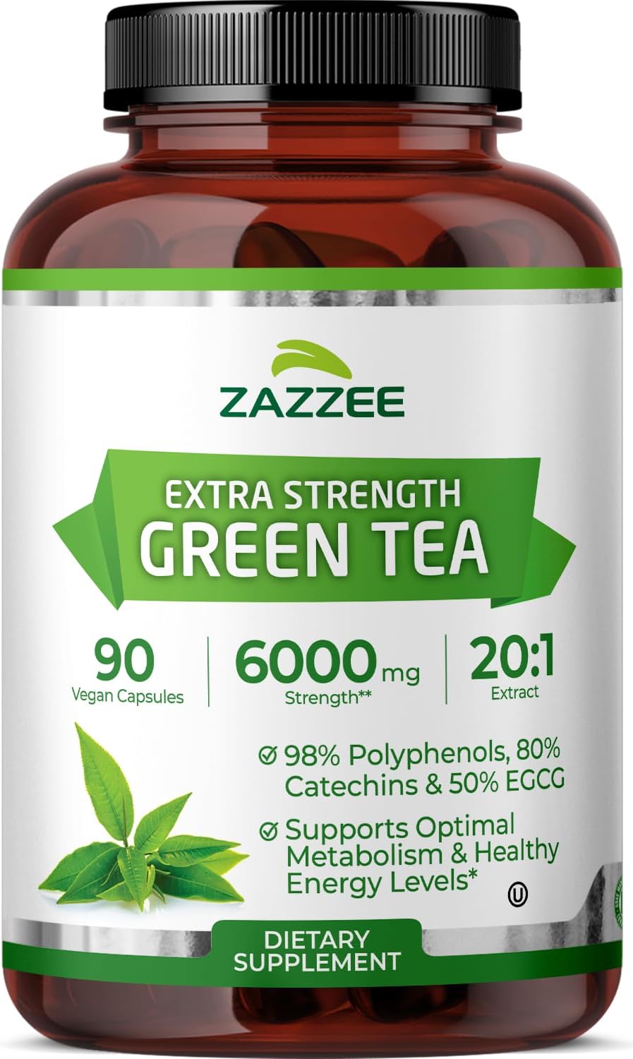 Zazzee Extra Strength Green Tea 20:1 Extract, 6000 mg Strength, 50% EGCG, 98% Polyphenols and 80% Catcehins, 90 Vegan Capsules, 3 Month Supply, Standardized and Concentrated 20X Potency, Non-GMO