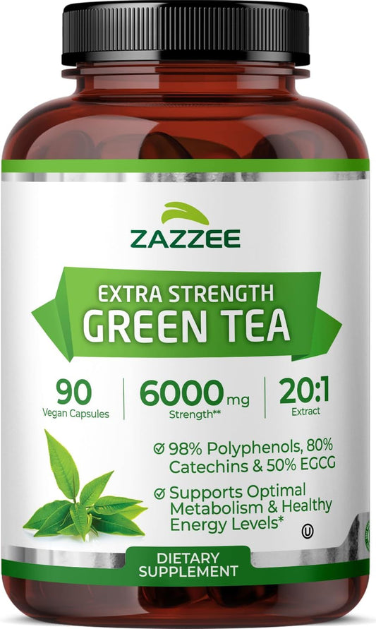 Zazzee Extra Strength Green Tea 20:1 Extract, 6000 mg Strength, 50% EGCG, 98% Polyphenols and 80% Catcehins, 90 Vegan Capsules, 3 Month Supply, Standardized and Concentrated 20X Potency, Non-GMO