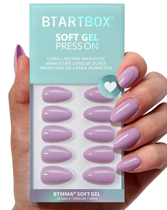 BTArtbox Press On Nails Almond - Lavender Purple Short Press On Nails with Glue for Women, Opaque Soft Gel Glue On Nails in 16 Sizes - 32 Stick On Nails Kit, Orchid Dew