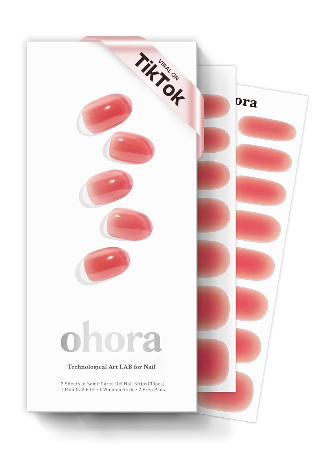 ohora Semi Cured Gel Nail Strips (N Peach Jelly) - Works with Any Nail Lamps, Salon-Quality, Long Lasting, Easy to Apply & Remove - Includes 2 Prep Pads, Nail File & Wooden Stick