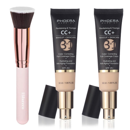 PHOERA CC Cream Foundation With SPF,PHOERA Full Coverage Foundation Color Correcting Cream,Anti Aging Hydrating Serum & SPF 25+ Sunscreen Natural Finish1.08 floz (2PCS 100 Porcelain)