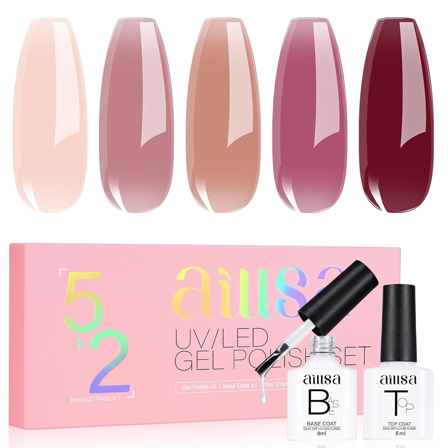 AILLSA Burgundy Red Gel Nail Polish Set Nude Jelly Pink Gel Polish with Base and Top Coat, Wine Mauve Neutral Gel Polish Kit Soak Off U V French Manicure Starter DIY at Home