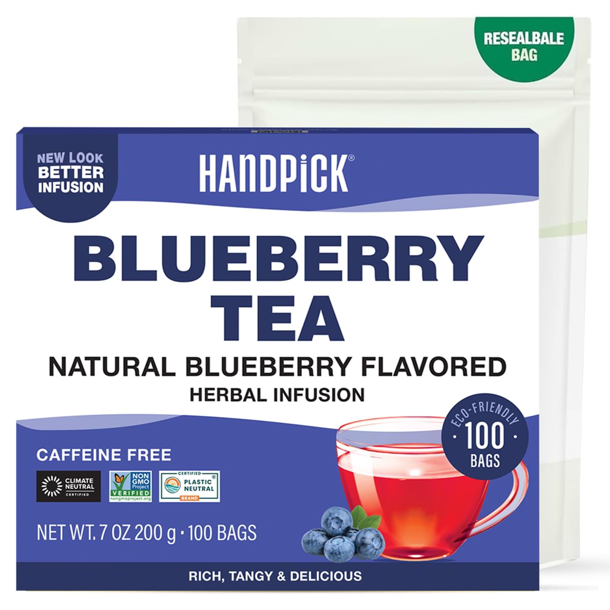 HANDPICK, Wild Blueberry Tea Bags (100 Count), True Premium Blueberry Herbal Tea with Hibiscus, Rose & Licorice | Brew Iced/Hot Tea