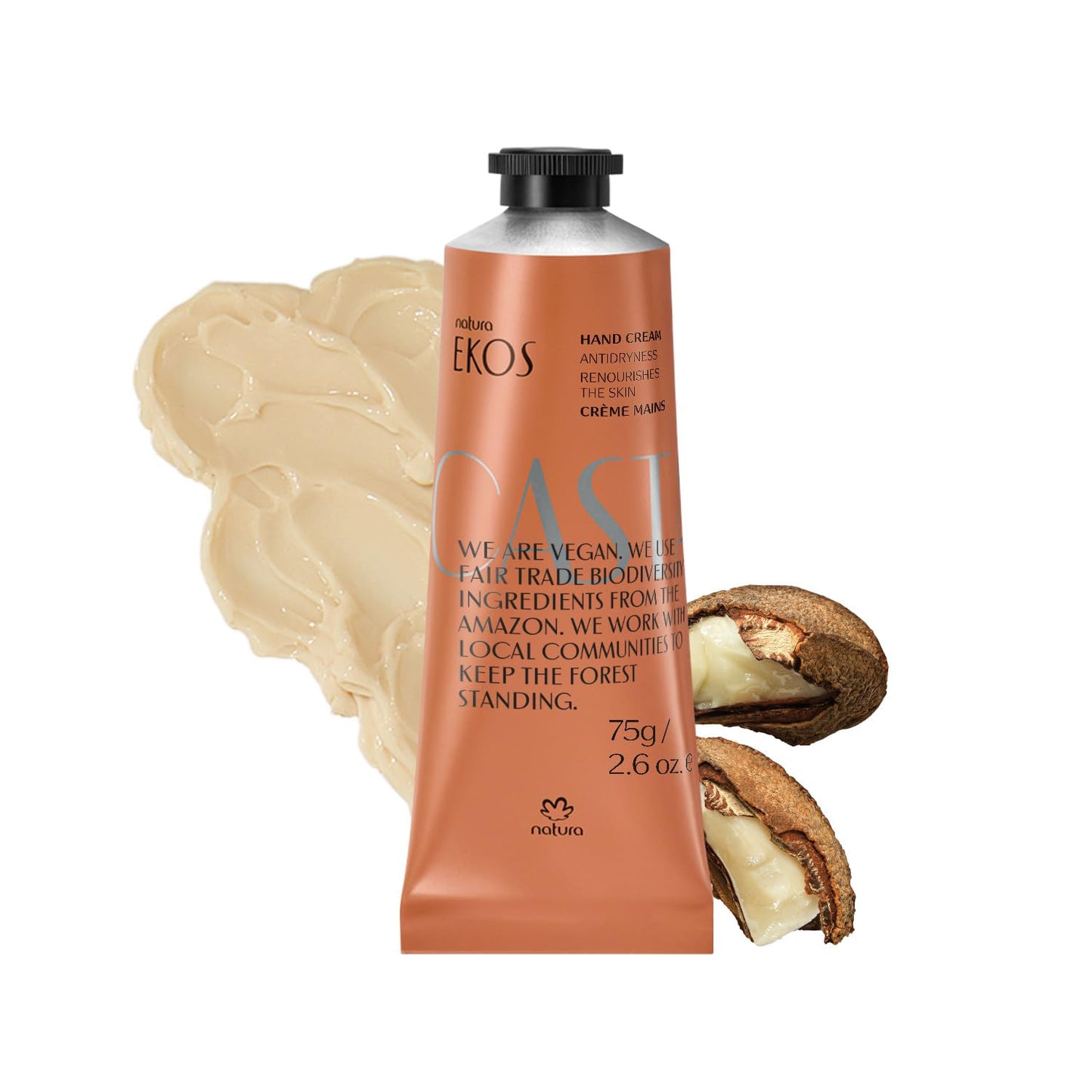 Natura - Brazil Nut Hand Cream - Anti-Dryness Castanha Hand Balm - 24-Hour Deep Hydration Skin Moisturizer - Vegan Skin Care - Brazilian Beauty Secrets - Self Care & Body Care - 2.6oz (75g)