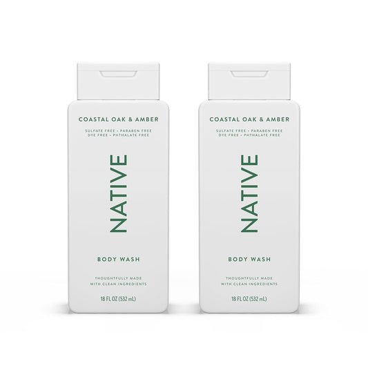 Native Body Wash Contains Naturally Derived Ingredients | For Women & Men, Sulfate, Paraben, & Dye Free Leaving Skin Soft and Hydrating | Coastal Oak & Amber 18 oz - 2 Pk