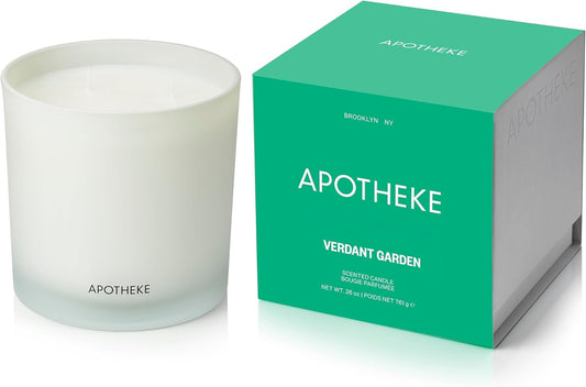 Apotheke 3-Wick Scented Candles for Home, Verdant Garden - 26 oz Soy Wax Jar Candle Gift for Women - Long-Lasting Fragrance with Perfume-Grade Essential Oils - Cedarwood, Jasmine, Fig & Coconut