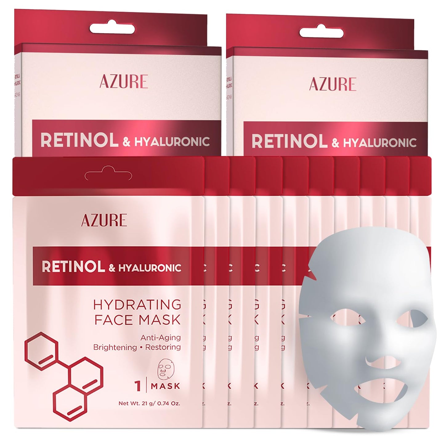 AZURE Retinol & Hyaluronic Acid Anti Aging Facial Sheet Mask - Rejuvenating & Hydrating Face Mask - Helps Reduce Fine Lines & Wrinkles, Smooths & Repairs - Skin Care Made in Korea - 10 Pack