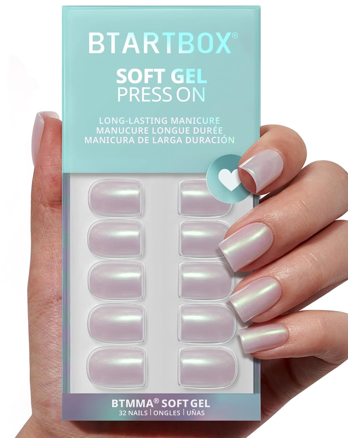 BTArtbox Press On Nails Short - Pearlescent Glitter Square Press On Nails with Glue for Women, Opaque Soft Gel Glue On Nails in 16 Sizes - 32 Stick On Nails Kit, Screaming Silver