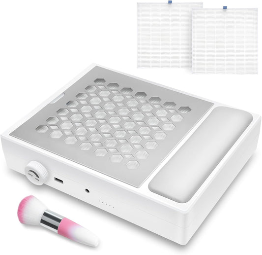 Madenia Powerful Nail Dust Collector - Brushless Quiet Vacuum Suction Fan Extractor with Hand Pillow 2 Filters 1 Brush, Nail Dust Cleaner Machine for Acrylic Gel Nail Polishing Nail Tech Use, White