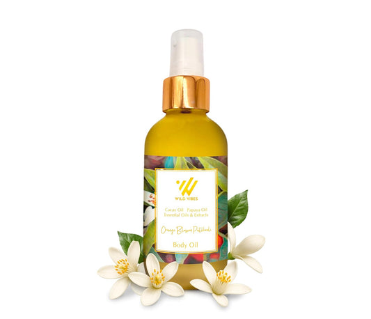 Wild Vibes Orange Blossom Patchouli Organic Luxury Body Oil with Tropical Oils & Lupin Extract – Fast Absorbing Oil for Skin with Floral Scent – After Shower Care for Women 4 oz