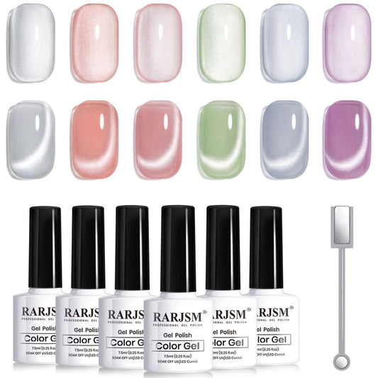 RARJSM Moonlight Cat Eye Gel Nail Polish Set 6 Pcs Smoothie Ceramic Glitter Shimmer Grape Purple Silver White Blue Green Pink Velvet Mirror Cateye Gel Polish with Magnetic Stick UV LED Curing Require
