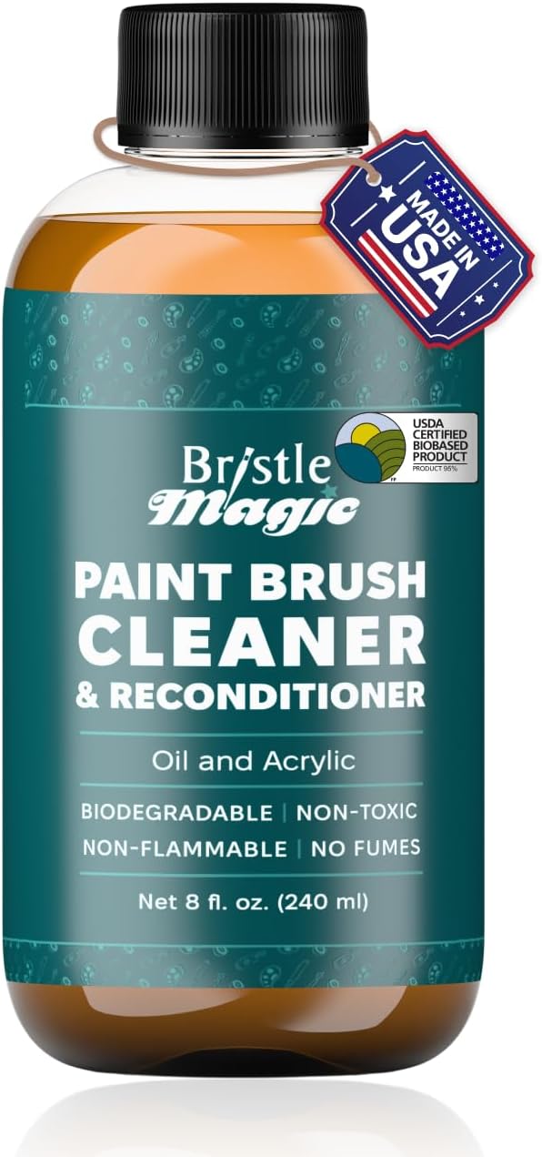 Oil Paint Brush Cleaner and Restorer - Paintbrush Cleaner for Acrylic, Oil, and Glass Paints-Biodegradable, Non-Toxic, Odorless, Eco-Friendly, Quick-Clean Formula Paint Remover (8 Fl Oz)