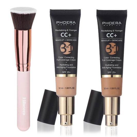 PHOERA CC Cream Foundation With SPF,PHOERA Full Coverage Foundation Color Correcting Cream,Anti Aging Hydrating Serum & SPF 25+ Sunscreen Natural Finish1.08 floz (120 Nude+140 Buff Beige)