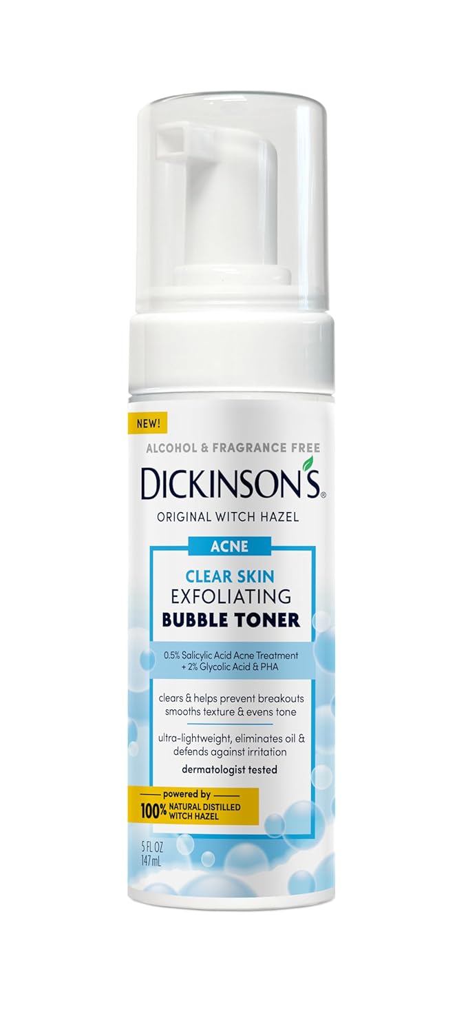Dickinson’s Witch Hazel Exfoliating Bubble Toner with 0.5% Salicylic Acid, Glycolic Acid & Niacinamide | Clears Pores, Smooths Texture, Brightens Skin | Alcohol-Free, Fragrance-Free | 5 Fl Oz