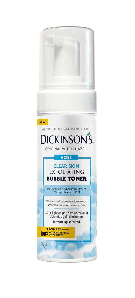 Dickinson’s Witch Hazel Exfoliating Bubble Toner with 0.5% Salicylic Acid, Glycolic Acid & Niacinamide | Clears Pores, Smooths Texture, Brightens Skin | Alcohol-Free, Fragrance-Free | 5 Fl Oz