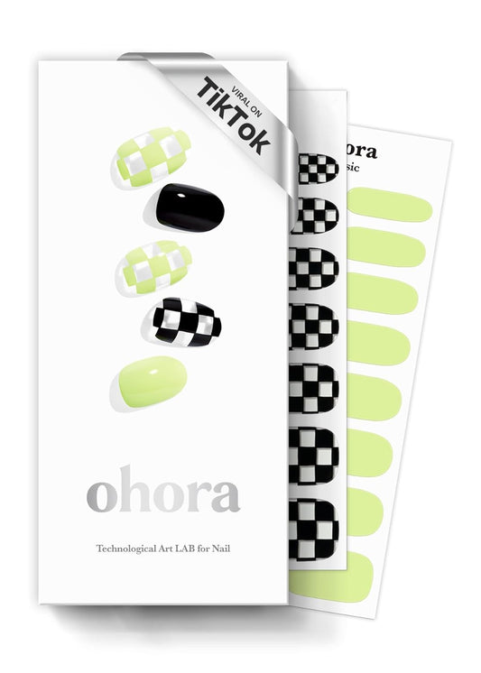 ohora Semi Cured Gel Nail Strips (N Racer) - Green, Patterned, Works with Any UV/LED Lamps, Salon-Quality, Long Lasting, Easy to Apply & Remove - Includes 2 Prep Pads, Nail File & Wooden Stick
