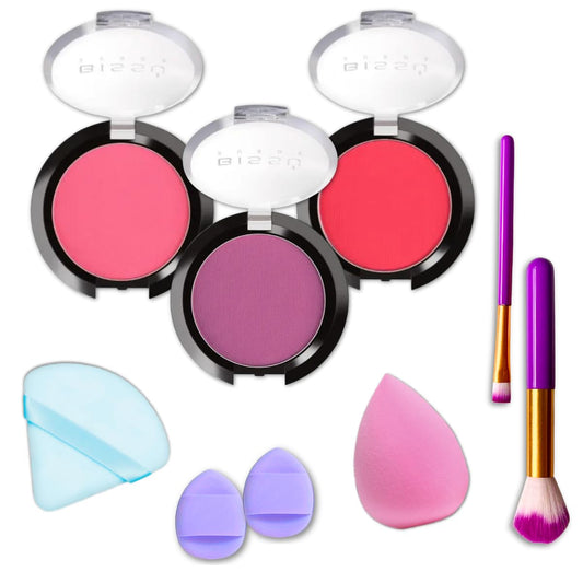 Beetbul 3-Piece Blush Set, 3 Bissú Blushes + Velvet Puff + 2 Finger Puffs + Makeup Sponge + 2 Makeup Brushes