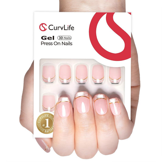 Curvlife Soft Gel Press on Nails, Cat Eye French Nail Tips, Full Cover Glossy Design Reusable Fake Nails Kit with Glue and Adhesive Tabs