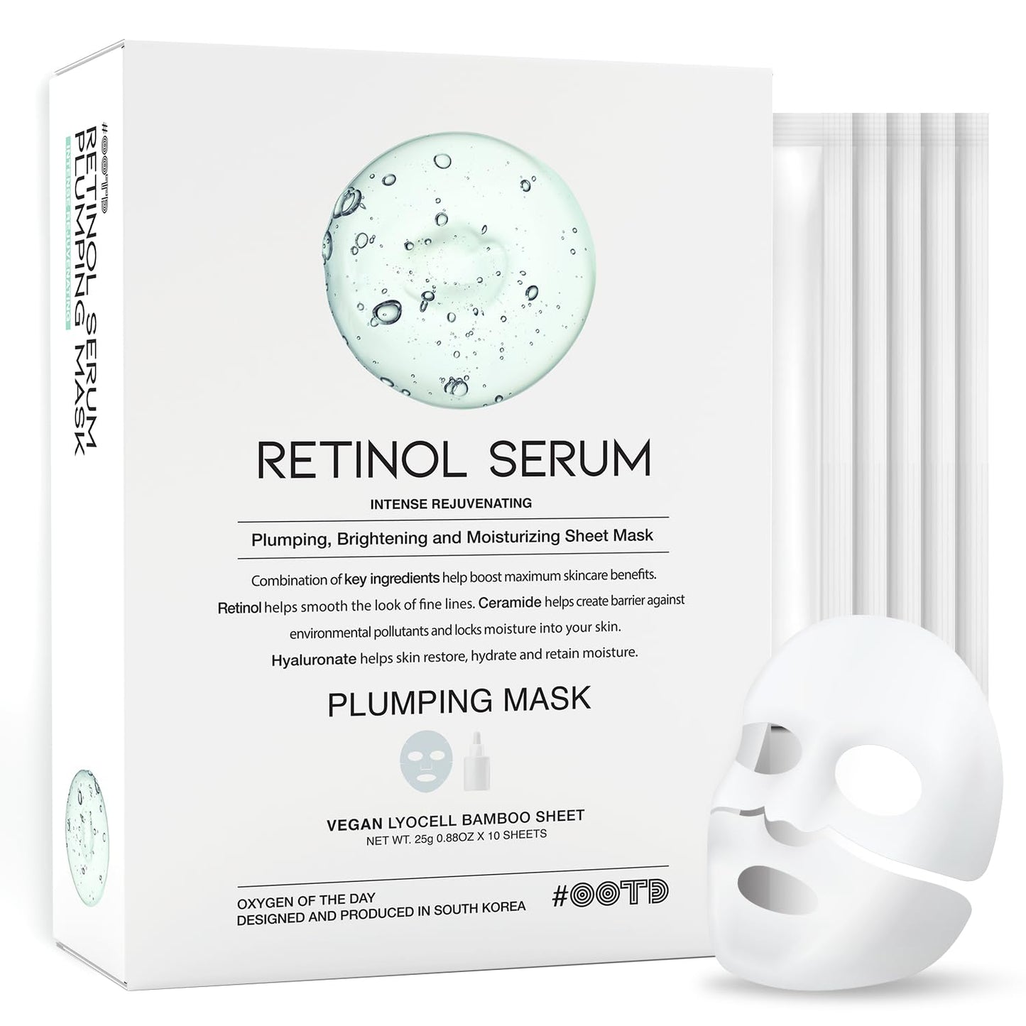 Rejuvenating Retinol Sheet Mask Korean Vegan Wrinkle Lifting, Plumping and Moisturizing Sheet Mask, Retinol, Ceramide, Hyaluronate 10EA