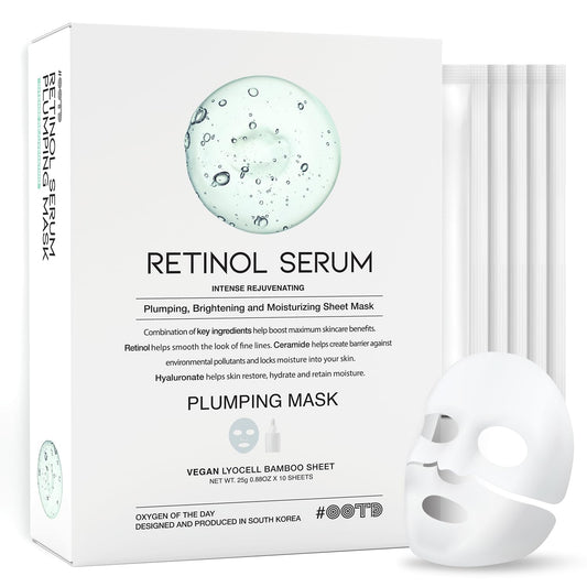 Rejuvenating Retinol Sheet Mask Korean Vegan Wrinkle Lifting, Plumping and Moisturizing Sheet Mask, Retinol, Ceramide, Hyaluronate 10EA