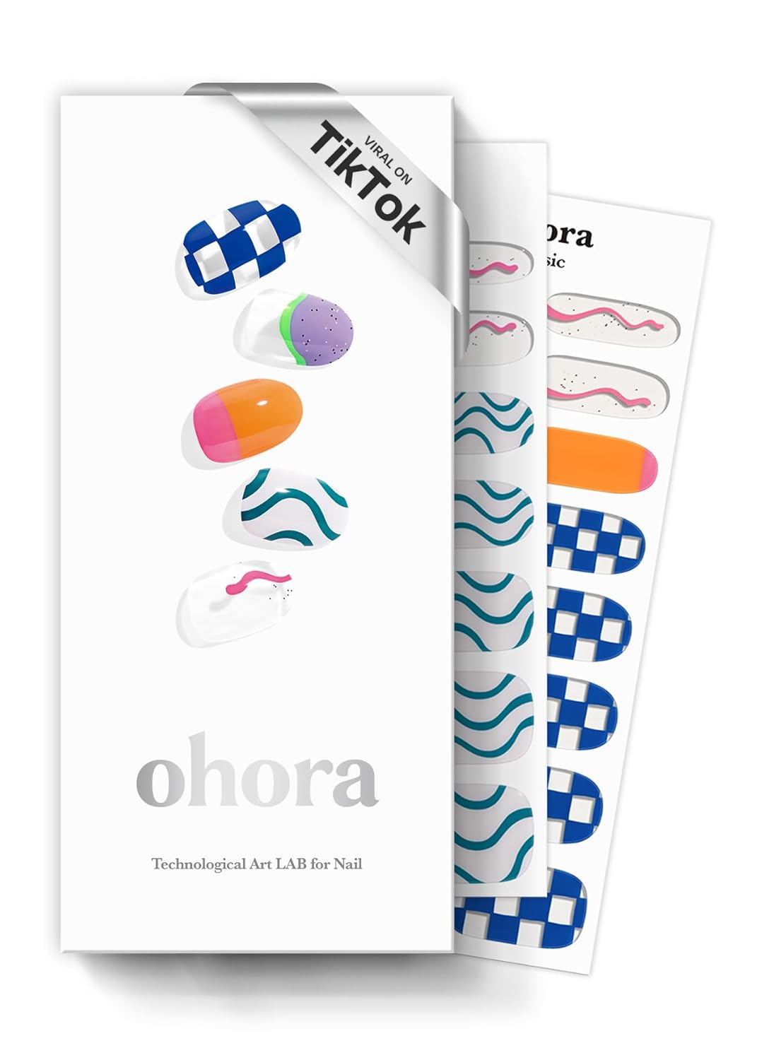 ohora Semi Cured Gel Nail Strips (N Snatched) - Blue, Patterned, Works with Any UV/LED Lamps, Salon-Quality, Long Lasting, Easy to Apply & Remove - Includes 2 Prep Pads, Nail File & Wooden Stick