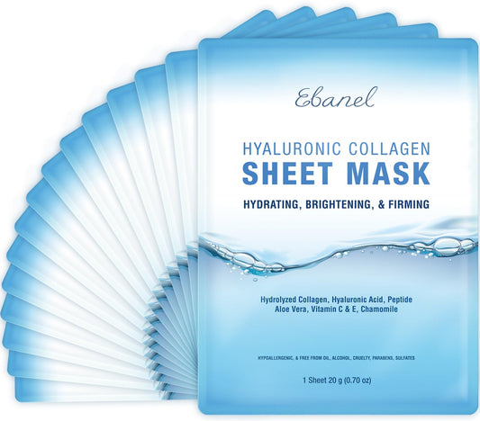 Ebanel 15 Pack Collagen Face Mask with Hyaluronic Acid, Vitamin C, Peptide, Aloe, Instant Brightening Hydrating Face Masks Skincare Korean Sheet Mask, Skin Firming, Lifting Anti Aging Facial Masks