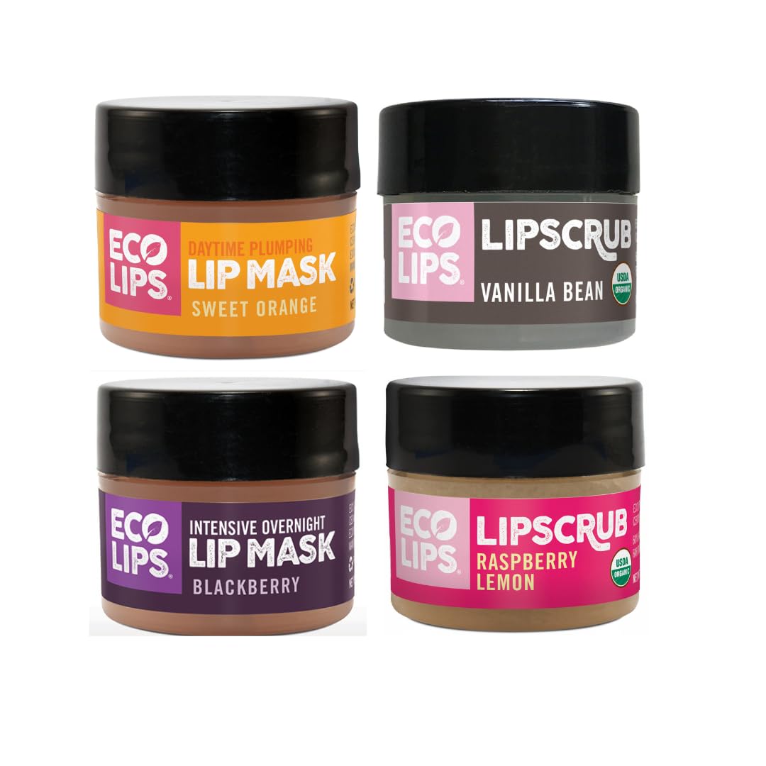 Eco Lips Organic Sugar Lip Scrub, Plumping Lip Mask & Overnight Intensive Lip Mask for Chapped Lips 4-Pack (0.25 oz. each) – 100% Natural