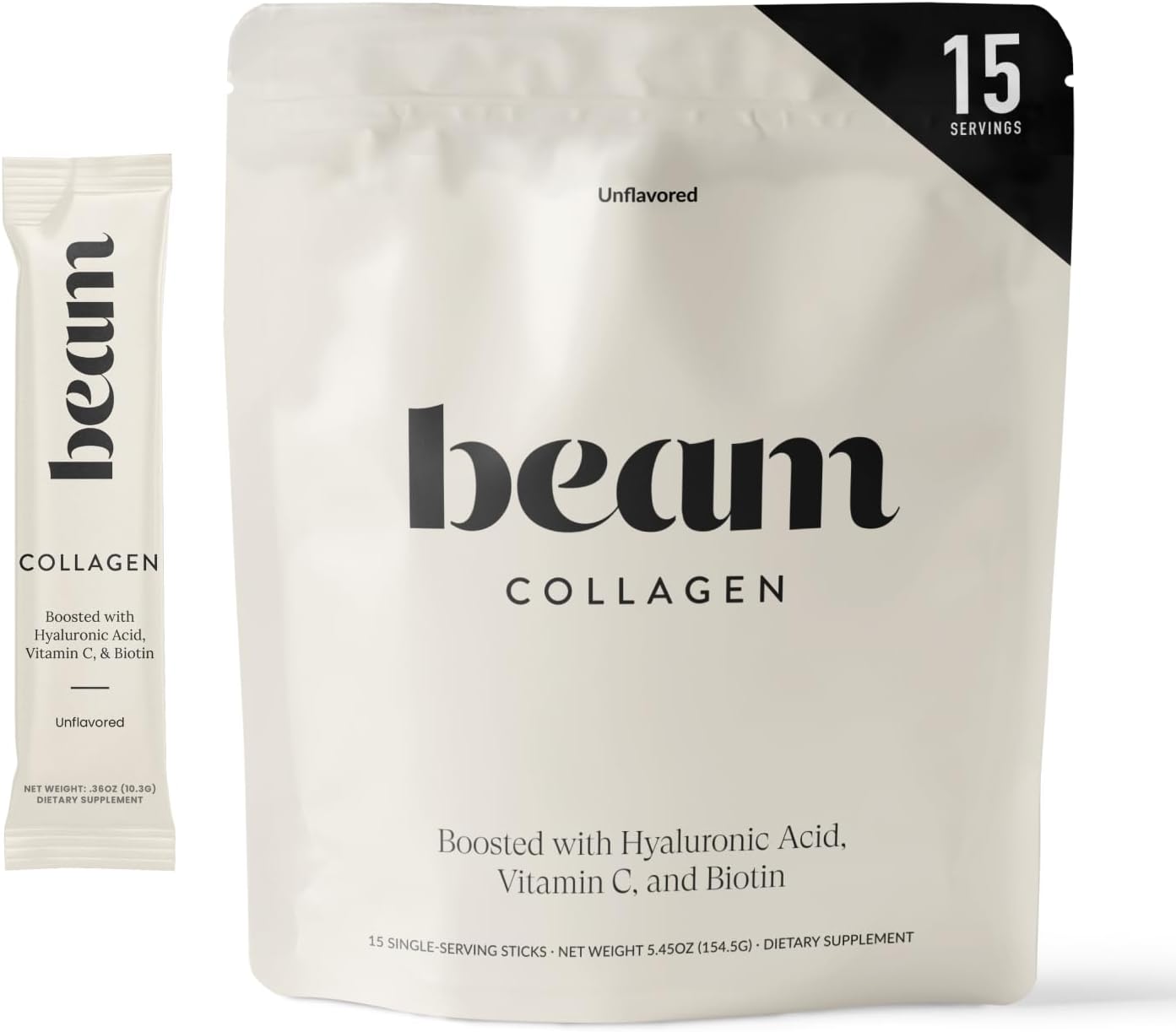Beam Collagen Powder, Collagen for Women, Collagen with Hyaluronic Acid, Collagen Peptides Type 1 and 3, with Biotin, Grass Fed Bovine, Third-Party Tested, Best for Coffee, Vitamin C, 15 Servings