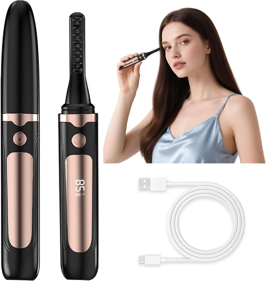 Heated Eyelash Curlers, Electric Eyelash Curler with LED Display, Rapid Heating Eyelashs with 3 Temp Setting, Rechargeable Eye lash Curler, Natural Curling 24H Long Lasting for Makeup Tools (Black)
