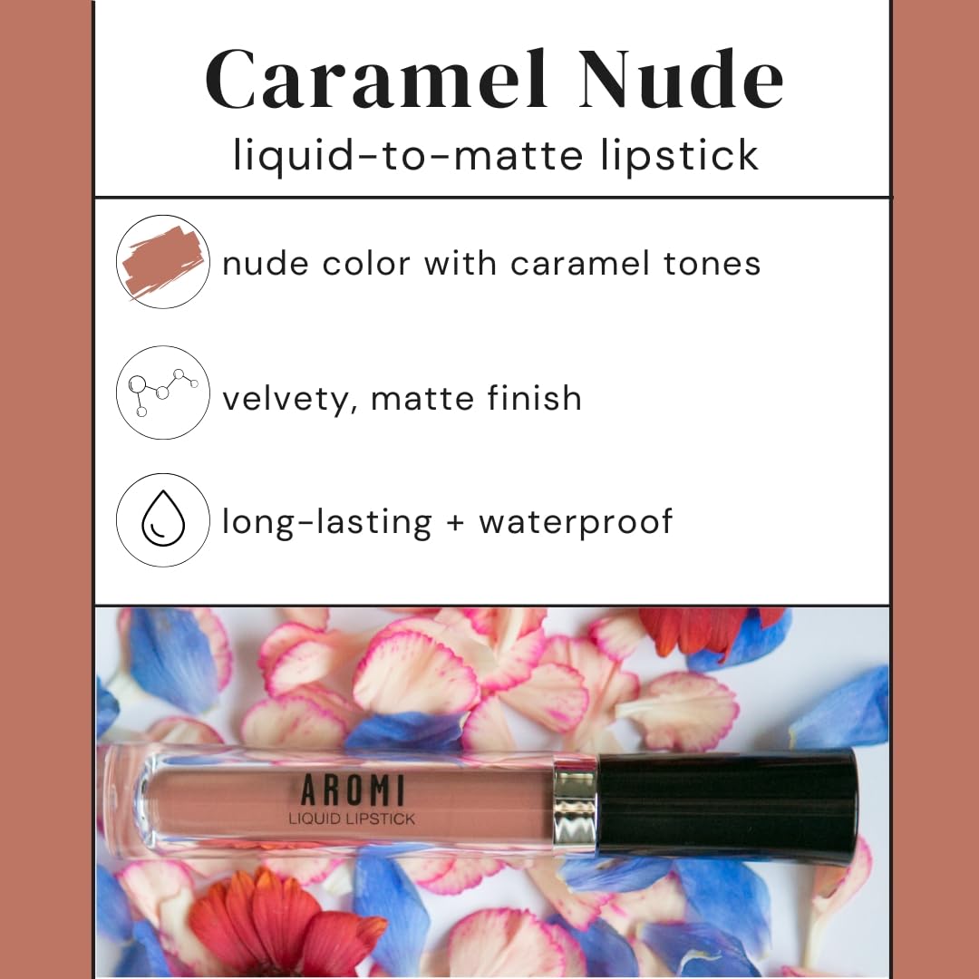 Aromi Matte Liquid Lipstick | Sand Beige Lip Shade, Tan, Long Lasting, Waterproof, Smudge + Transfer Proof, Gluten Free, Vegan Makeup (Caramel Nude)