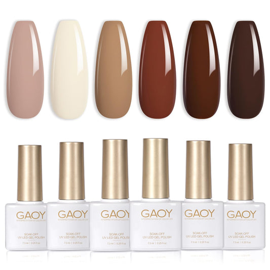GAOY Nude Brown Fall Gel Nail Polish Set, 6 Colors White Beige Dark Tan Taupe Soak Off UV Light Cure Gel Polish Kit for Salon and Nail Art DIY at Home