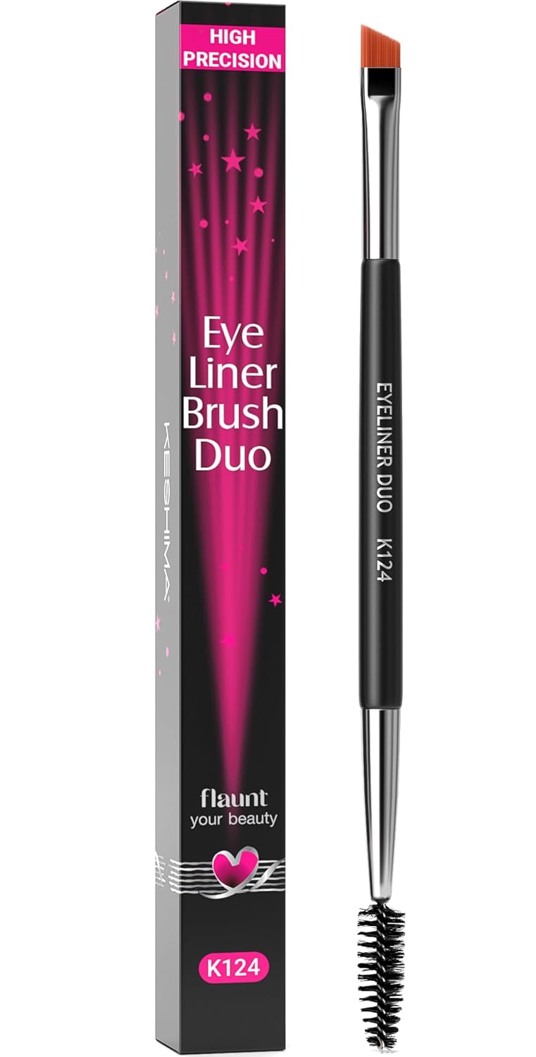 KESHIMA Angled Eyeliner Brush Duo – Extra Fine Precision Eye Liner Brush & Spoolie – Dual-Ended Tool for Liner Application, Eyebrow Grooming, Shaping & Blending Powders, Gels & Liquids