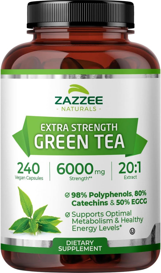 Zazzee Extra Strength Green Tea 20:1 Extract, 6000 mg Strength, 50% EGCG, 98% Polyphenols and 80% Catcehins, 240 Vegan Capsules, 8 Month Supply, Standardized and Concentrated 20X Potency, Non-GMO