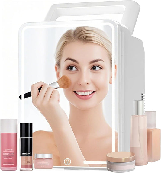12L Skincare Fridge with Mirror & LED Lighting, 3-Mode Dimmable, Cooler & Warmer for Makeup, Cosmetic, Beauty, Portable Mini Beauty Fridge for Bedroom, Vanity, Car & Home Use