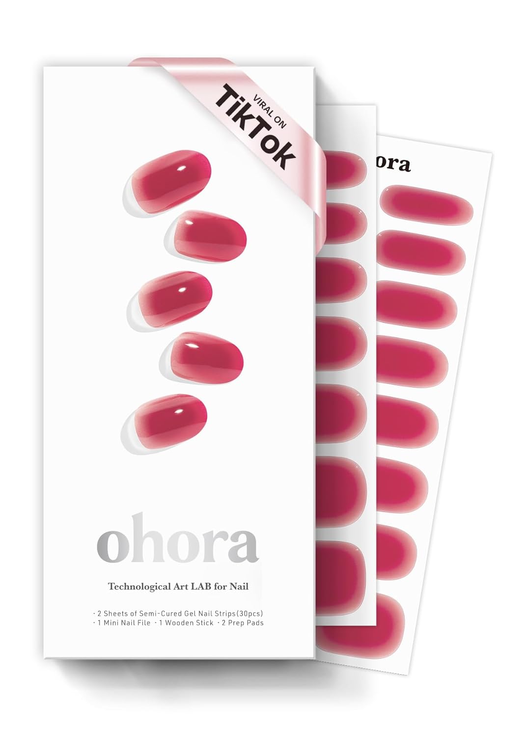 ohora Semi Cured Gel Nail Strips (N Hibiscus Jelly) - Works with Any Nail Lamps, Salon-Quality, Long Lasting, Easy to Apply & Remove - Includes 2 Prep Pads, Nail File & Wooden Stick